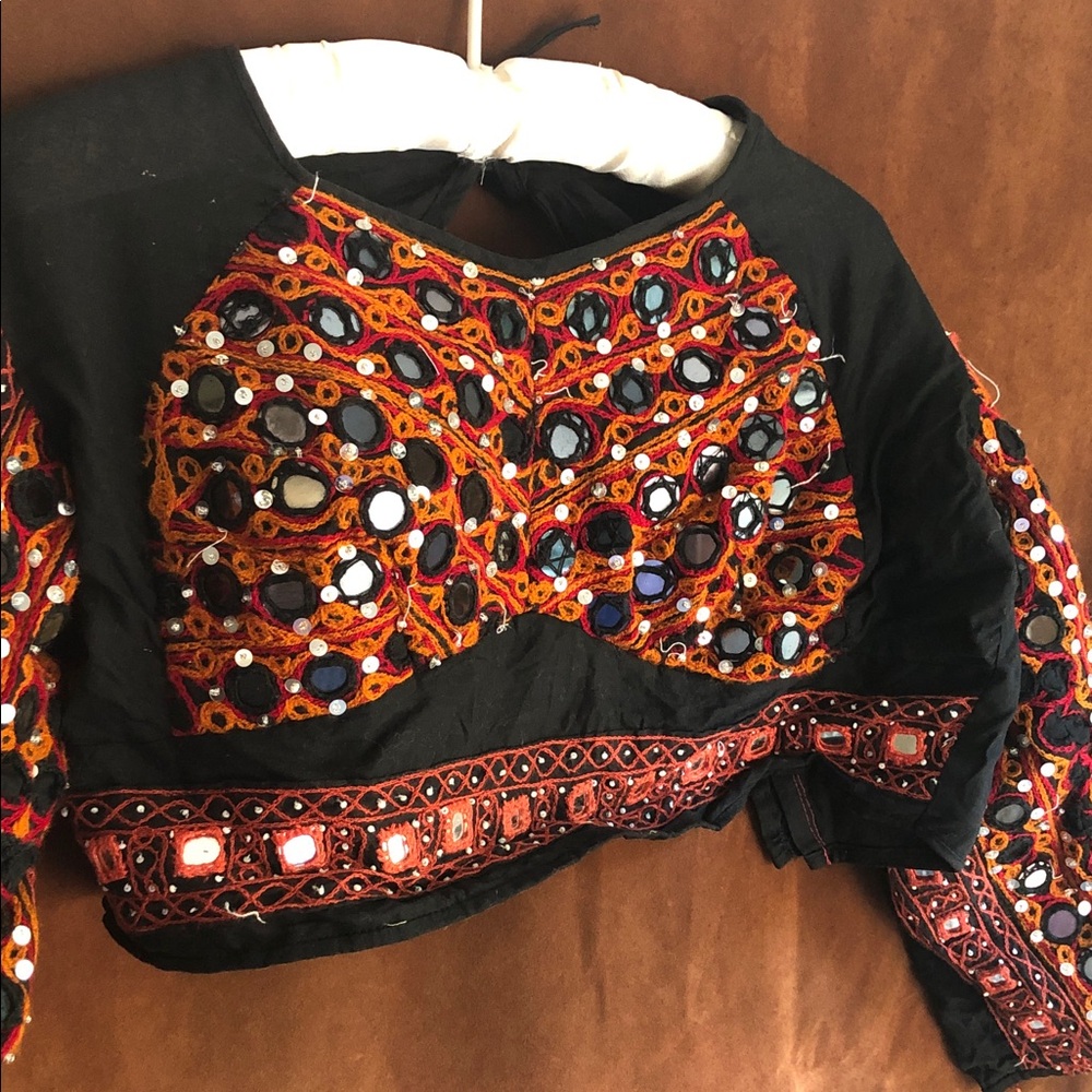 Embroidered Mirrorwork Black Women's Jacket - Orange & Red Accents